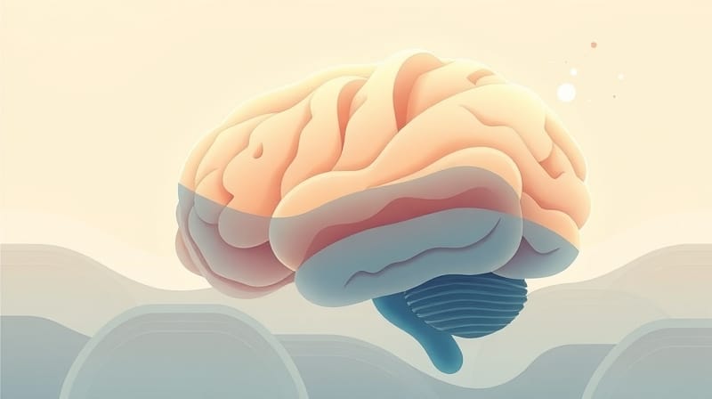 Stylizowany, pastelowy mózg jako eteryczny krajobraz z delikatnymi ścieżkami neuronowymi i subtelnym zaburzeniem od niespodziewanego dźwięku.