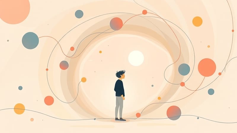 Stylizowana postać w wirze opinii, patrząca ku światłu.