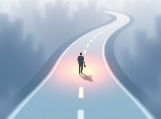 Ścieżka pastelowych kształtów wiedzie od szarej autostrady ku podróży.