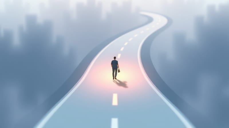 Ścieżka pastelowych kształtów wiedzie od szarej autostrady ku podróży.