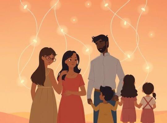 Rodzina połączona świetlistymi nićmi, symbolizująca bliskość i wspólne zrozumienie.