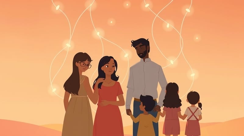 Rodzina połączona świetlistymi nićmi, symbolizująca bliskość i wspólne zrozumienie.