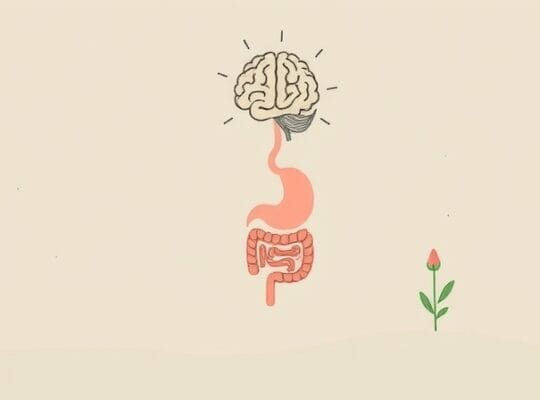 Symboliczne połączenie jelit i mózgu w pastelowej palecie, sugerujące dobre samopoczucie.