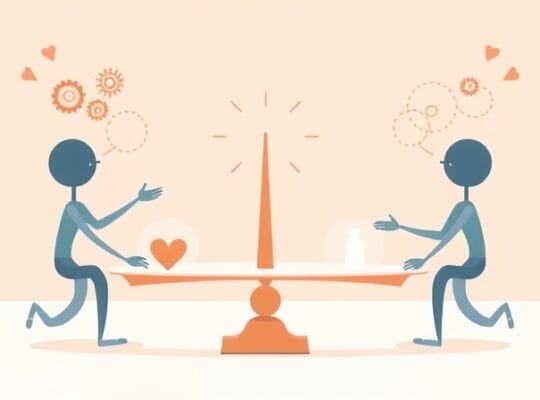 Dwie abstrakcyjne postacie balansują symboliczną wagę, ukazując sprawiedliwą wymianę i wzajemny szacunek.