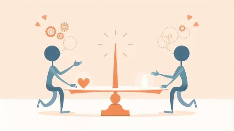 Dwie abstrakcyjne postacie balansują symboliczną wagę, ukazując sprawiedliwą wymianę i wzajemny szacunek.