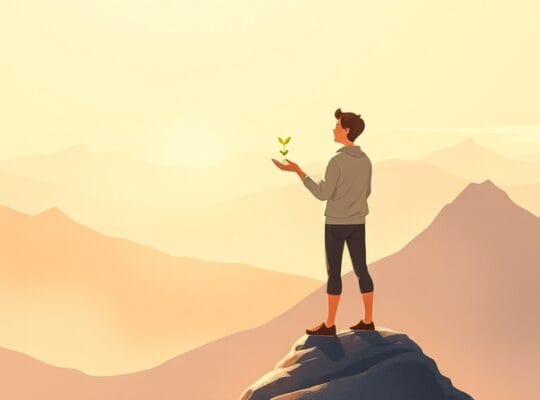 Osoba zjarzoną ziarnem na górskim szczycie, w tle stłumione symbole sukcesu.