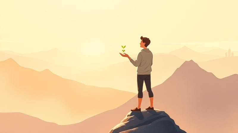 Osoba zjarzoną ziarnem na górskim szczycie, w tle stłumione symbole sukcesu.