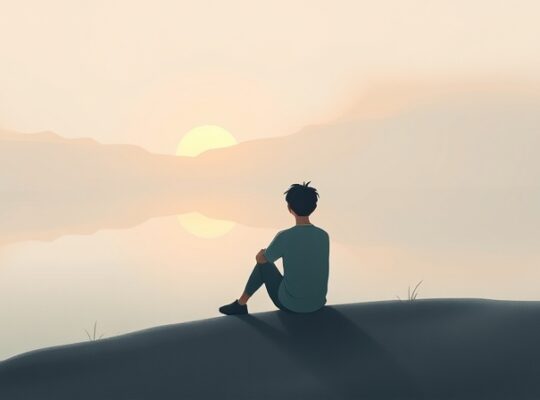 Niespokojna postać nad jeziorem, patrząca na zamazane odbicie, w otoczeniu abstrakcyjnych form.