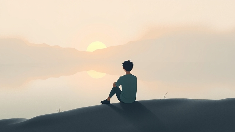 Niespokojna postać nad jeziorem, patrząca na zamazane odbicie, w otoczeniu abstrakcyjnych form.