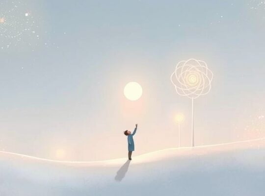 Eteryczna postać sięga ku świetlistej, organicznej formie, symbolizując poszukiwanie wewnętrznej satysfakcji.