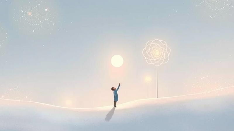 Eteryczna postać sięga ku świetlistej, organicznej formie, symbolizując poszukiwanie wewnętrznej satysfakcji.