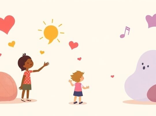 Abstrakcyjne, pastelowe kształty symbolizują skomplikowane emocje w okazywaniu miłości dziecku.