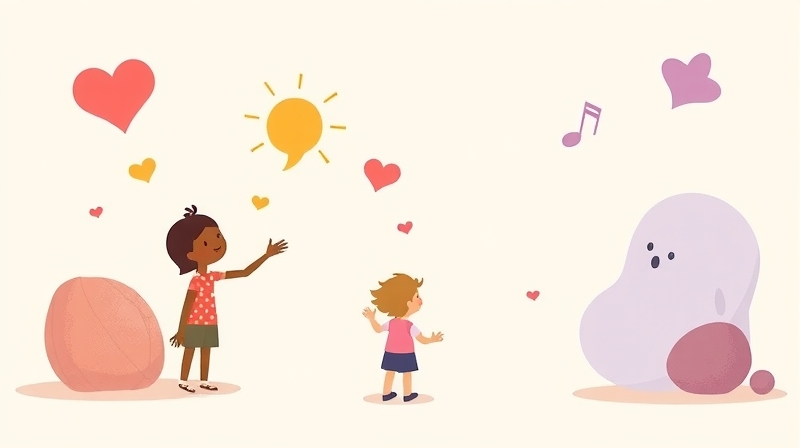 Abstrakcyjne, pastelowe kształty symbolizują skomplikowane emocje w okazywaniu miłości dziecku.