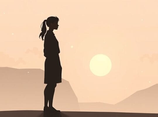 Samotna sylwetka przed łagodnymi, pastelowymi kształtami, symbolizująca pogodzenie z przeszłością.