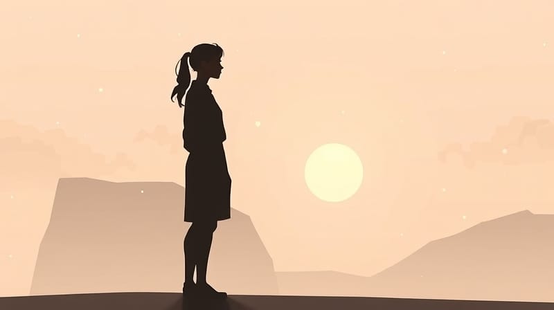 Samotna sylwetka przed łagodnymi, pastelowymi kształtami, symbolizująca pogodzenie z przeszłością.