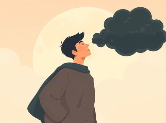 Osoba uwalnia ciężki, ciemny ładunek z ramion na tle spokojnego krajobrazu.