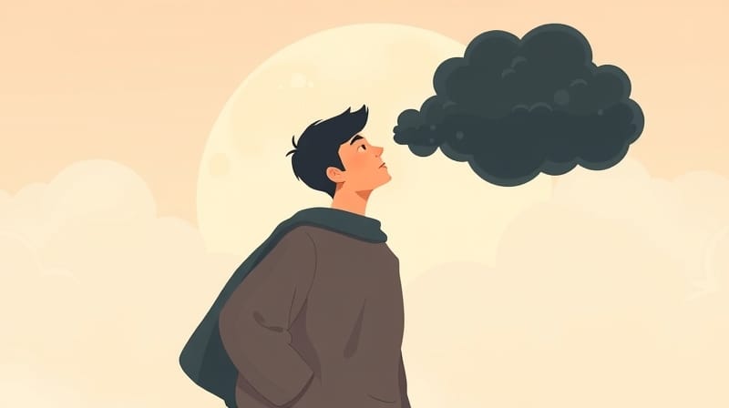 Osoba uwalnia ciężki, ciemny ładunek z ramion na tle spokojnego krajobrazu.