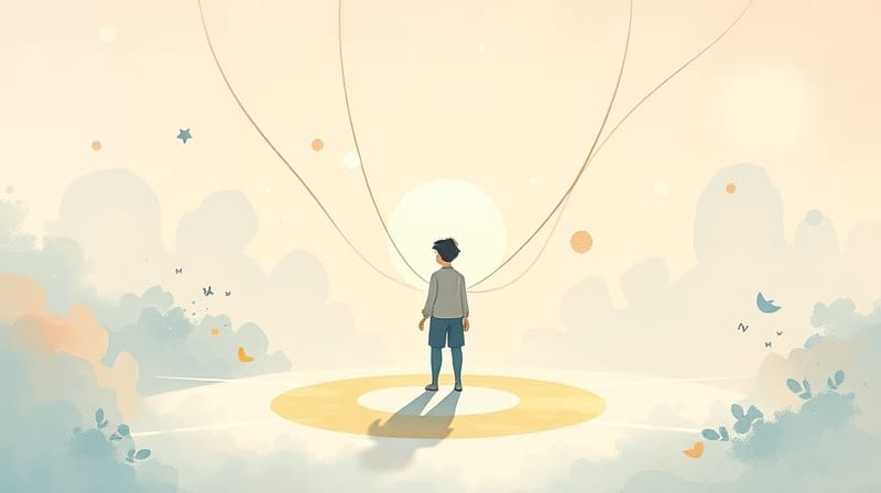 Stylizowana postać na rozdrożu, delikatnie pociągana świetlnymi nićmi, symbolizuje społeczne wpływy.