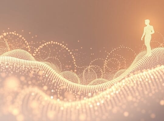 Płynąca rzeka wspomnień tworzy ewoluującą sylwetkę ludzką, symbolizując kształtowanie tożsamości.