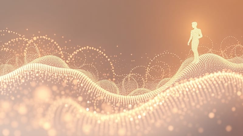 Płynąca rzeka wspomnień tworzy ewoluującą sylwetkę ludzką, symbolizując kształtowanie tożsamości.