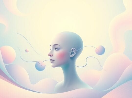 Surrealna ilustracja głowy z płynącym czasem i iluzją ruchu.