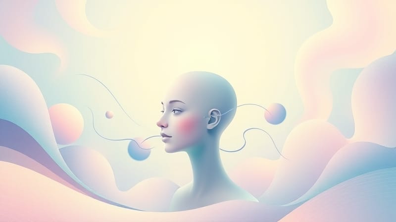 Surrealna ilustracja głowy z płynącym czasem i iluzją ruchu.