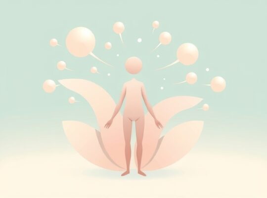 Minimalistyczna ilustracja pastelowych kształtów emocji umlanej przez spokojną, abstrakcyjną postać.