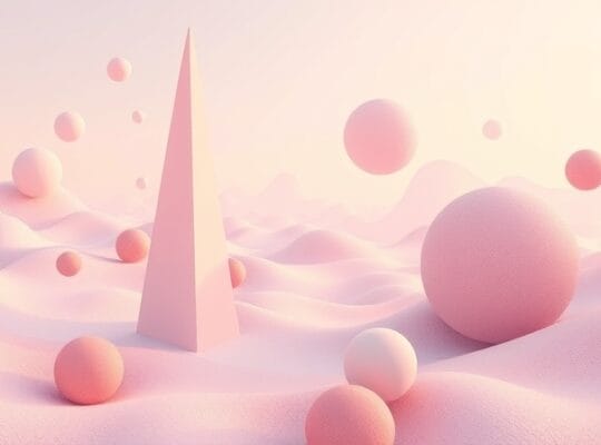 Pejzaż surrealistyczny: Geometryczne kształty, iluzje optyczne, pastelowe kolory.