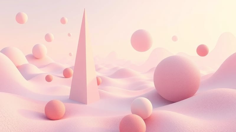 Pejzaż surrealistyczny: Geometryczne kształty, iluzje optyczne, pastelowe kolory.