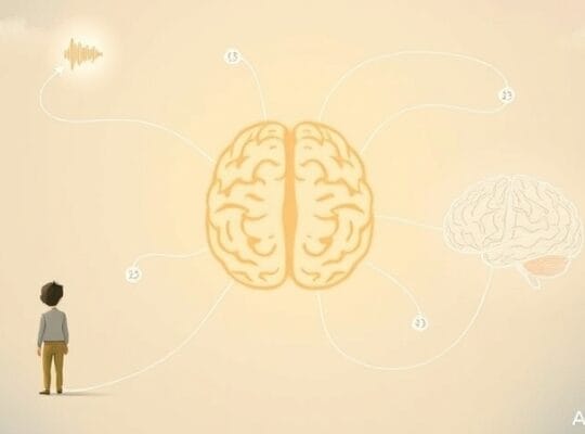 Abstrakcyjna ilustracja ciała migdałowatego, emocji i poznania, w pastelowych barwach.
