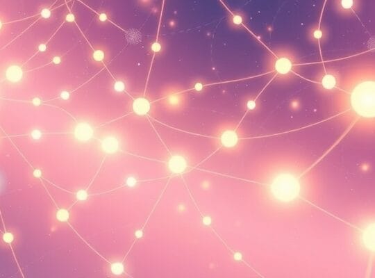 Sieci neuronowe rozświetlone ciepłym światłem, symbolizujące radość, ruch i więzi.