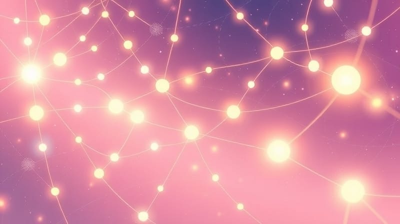 Sieci neuronowe rozświetlone ciepłym światłem, symbolizujące radość, ruch i więzi.