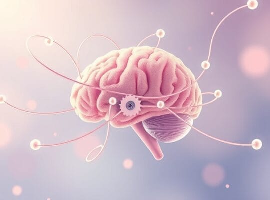 Abstrakcyjny, senny mechanizm móżdżku w pastelowych barwach, symbolizujący koordynację ruchową.