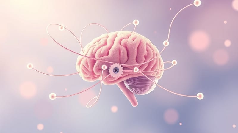 Abstrakcyjny, senny mechanizm móżdżku w pastelowych barwach, symbolizujący koordynację ruchową.