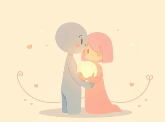 Dwie świetliste postacie przytulają się, łącząc subtelną kulą światła.