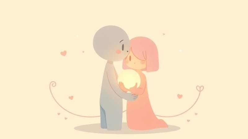 Dwie świetliste postacie przytulają się, łącząc subtelną kulą światła.