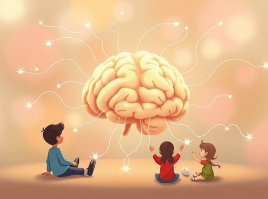 Rysunek mózgu wysyłającego świetliste nici pomocy do potrzebujących.