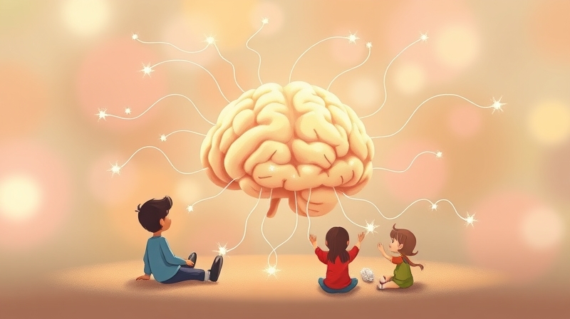 Rysunek mózgu wysyłającego świetliste nici pomocy do potrzebujących.