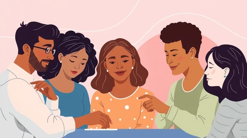 Grupa w harmonii, płynne interakcje, pastelowe barwy, synchronized rhythms.