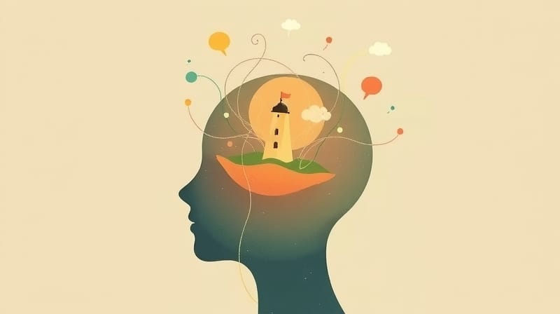 Stylizowana głowa z myślą tworzącą ścieżki, uspokajający dialog.