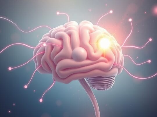 Abstrakcyjny mózg w euforii: świecące centrum nagrody, pastelowe linie, senna atmosfera.