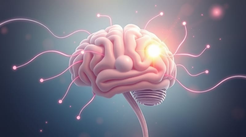 Abstrakcyjny mózg w euforii: świecące centrum nagrody, pastelowe linie, senna atmosfera.