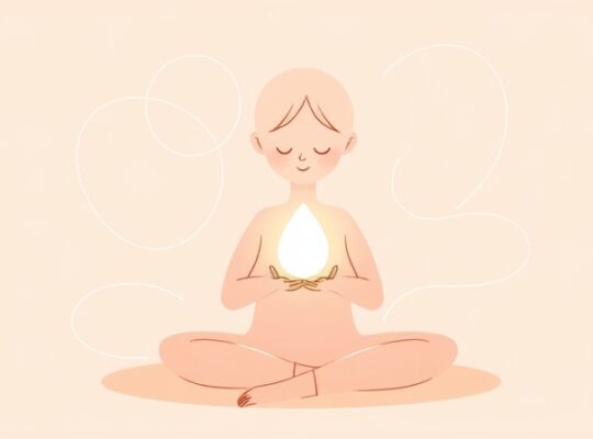 Uspokajająca ilustracja pastelowa: postać trzyma w dłoniach świetlistą kulę, symbolizującą dbanie o siebie.