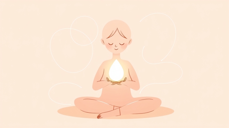Uspokajająca ilustracja pastelowa: postać trzyma w dłoniach świetlistą kulę, symbolizującą dbanie o siebie.