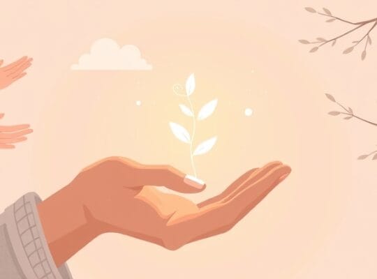 Roślina samoopieki rosnąca z dłoni, otoczona subtelnymi pomocnymi rękami.