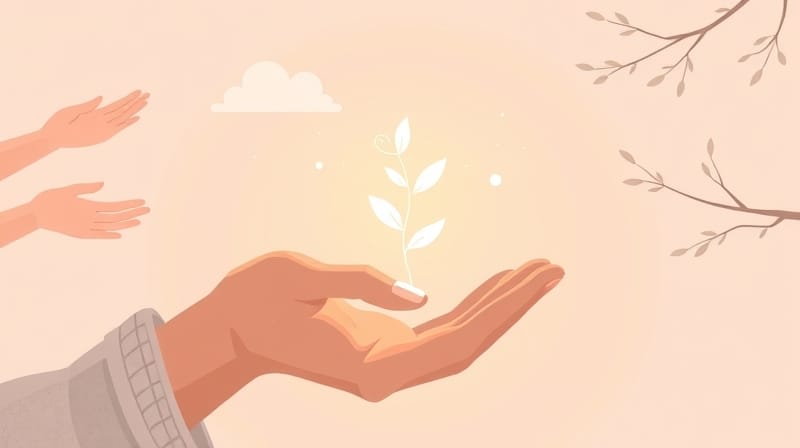 Roślina samoopieki rosnąca z dłoni, otoczona subtelnymi pomocnymi rękami.