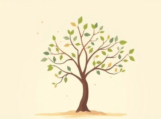 Stylizowana, pastelowa ilustracja drzewa symbolizującego spokojną adaptację do zmian.