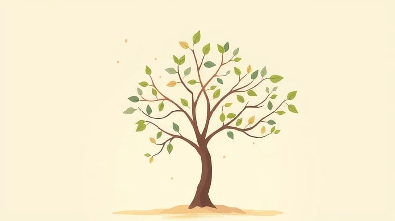 Stylizowana, pastelowa ilustracja drzewa symbolizującego spokojną adaptację do zmian.