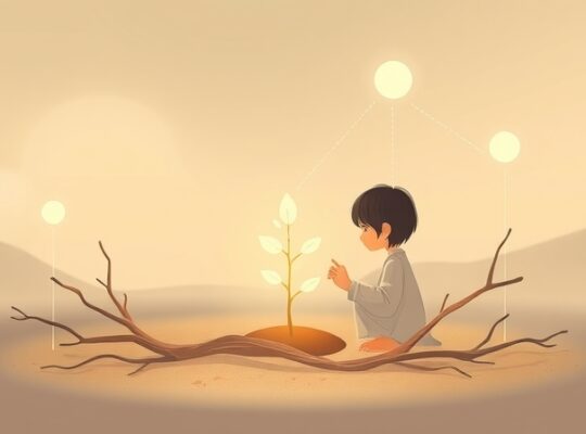 Delikatna postać pielęgnuje małe, świecące drzewko; otoczone troską, symbolizując siebie.