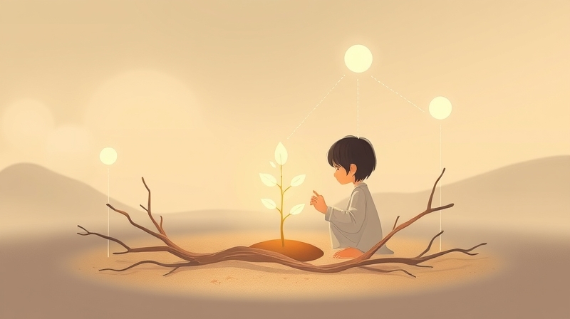 Delikatna postać pielęgnuje małe, świecące drzewko; otoczone troską, symbolizując siebie.